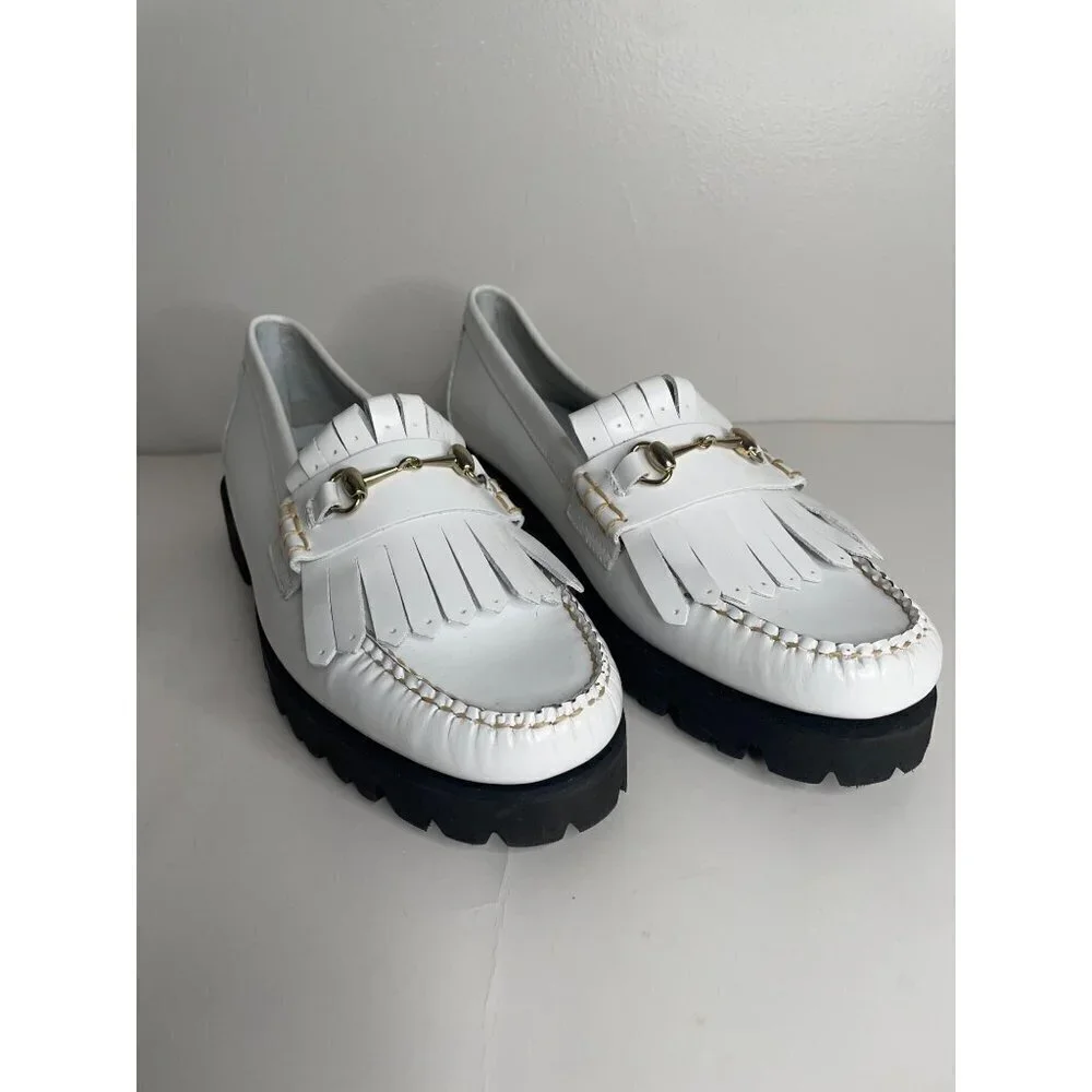 G.H. Bass Women's Lianna Kiltie Lug Loafers White Bit Buckle Fringe Platform 9.5 - Picture 2 of 6